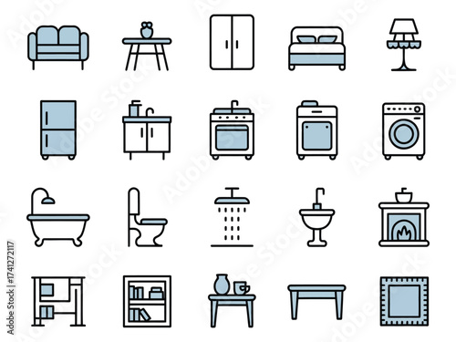 A collection of home furniture and appliances in a modern, minimalist design.