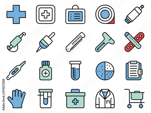 A collection of medical icons including a thermometer, syringe, and medicine bottle.