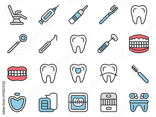 A colorful collection of dental equipment and icons representing oral health care.