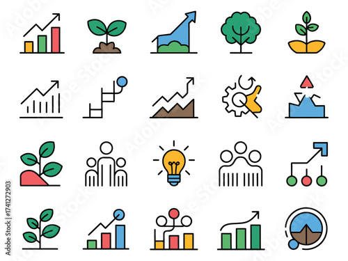 A colorful collection of growth and success icons representing progress and innovation.