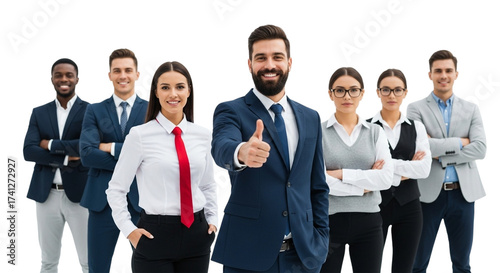 A diverse group of business professionals smiling and giving a thumbs up, isolated on transparent background