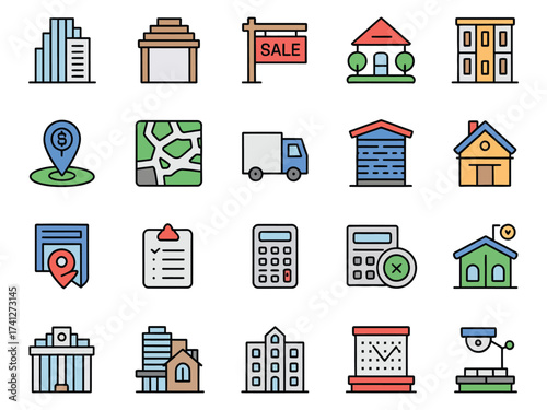 A colorful collection of real estate icons depicting various aspects of property transactions.