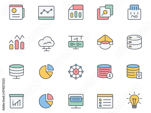 A colorful collection of various data visualization and analytical icons in flat design style.