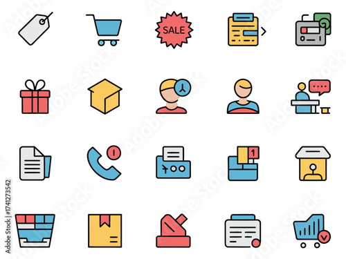 A colorful set of e-commerce icons showcasing shopping elements, sales, and customer service.