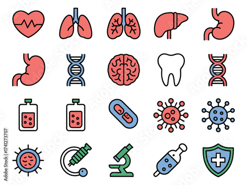 A diverse set of health and medical icons representing various organs, cells, and healthcare concepts.