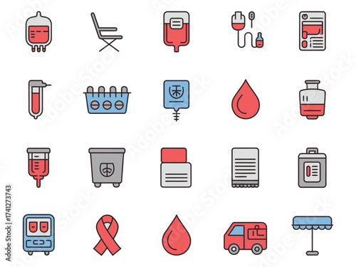 A variety of blood donation and medical icons featuring vibrant colors and simple designs.
