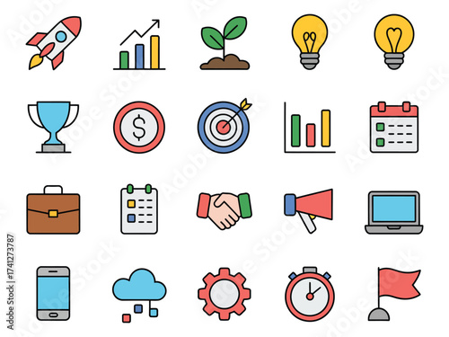 A vibrant collection of business and growth-themed icons, including a rocket, trophy, and graph elements.
