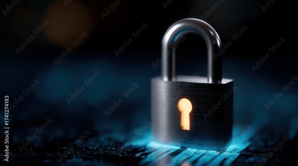 Fototapeta premium A metallic padlock with a glowing keyhole sits on a digital surface, symbolizing cybersecurity and data protection in a technological environment