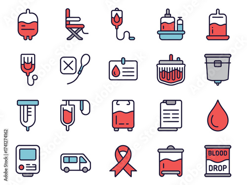 Collection of blood donation-related icons featuring various medical elements and symbols.