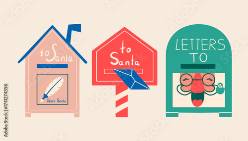 A set of mailboxes with letters for Santa Claus. Christmas elements in a colorful flat style. 