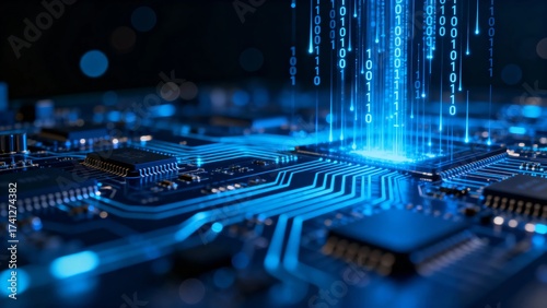 A close-up view of a glowing blue circuit board, showcasing intricate electronic pathways and components illuminated by a vibrant light source.