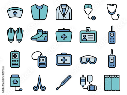 Collection of medical icons including scrubs, stethoscope, and first aid kit, designed with a clean look.