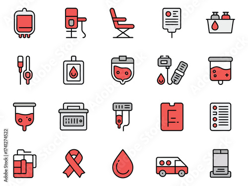 Collection of medical icons related to blood donation and health services.