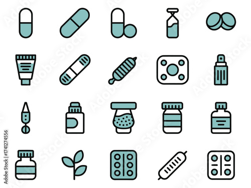 Collection of minimalist healthcare icons in soothing teal and white tones.