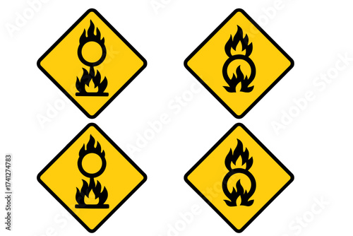 Oxidizing hazard symbol vector set. GHS flame over circle pictogram. Yellow diamond warning sign for dangerous goods and chemical safety. Fire danger illustration isolated.