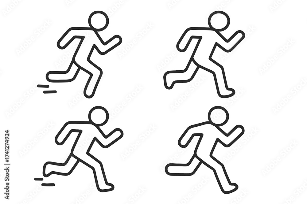 Naklejka premium Running icon set. Runner symbol collection. Man run linear outline style. Vector sport illustration. Fitness, jogging, marathon pictogram. Fast speed motion sign for web.
