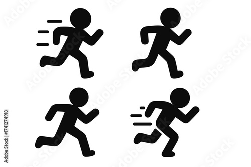 Running man icon set. Simple flat vector pictogram of a runner. Black silhouette symbol of a person sprinting for sport, marathon, fitness, and exercise. Motion concept.
