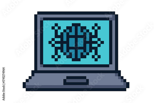 Cyber security pixel art vector icon on a laptop screen. Digital data protection concept. Antivirus, malware, or virus symbol. Retro 8-bit technology graphic illustration.
