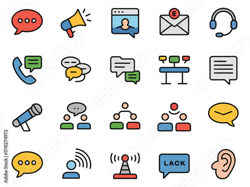 Colorful communication icons showcasing various modes of dialogue and interaction.