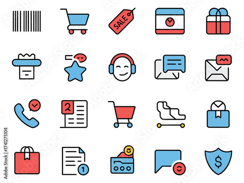 Colorful digital icons representing shopping, communication, and customer service elements.