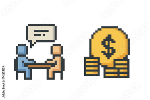 Pixel art business meeting and money icon set. 8-bit job interview, salary negotiation, financial deal concept. Retro video game style people talking and dollar coins vector.