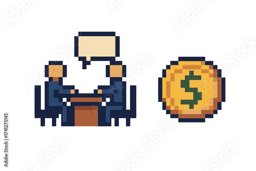 Pixel art business meeting. 8-bit characters negotiating a deal. Retro game style illustration of a financial discussion. Dollar coin icon for money, investment, or profit concept.