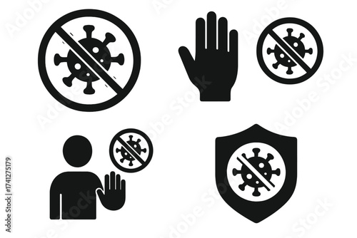 Stop virus infection icon set. Health protection and disease prevention signs. No germs symbol. Antibacterial shield and stop hand gesture. Flat vector illustration.