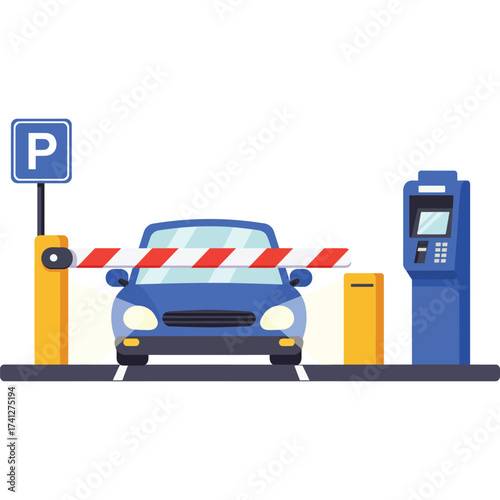 Car at parking entrance with barrier and payment machine sign illustration transportation vehicle gate automated technology access