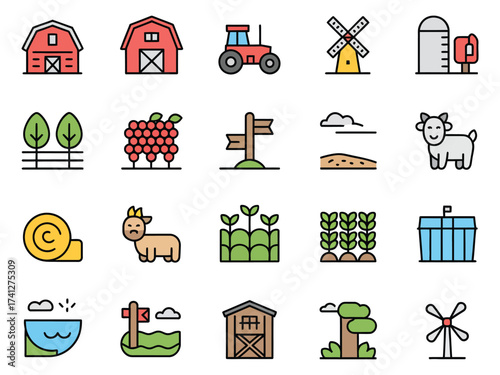 Colorful farm-themed icons representing agriculture, nature, and rural life.