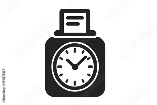 Time clock icon, punch clock silhouette. Employee work attendance and time card tracking concept. Business hour management, payroll, and deadline symbol. Vector illustration.