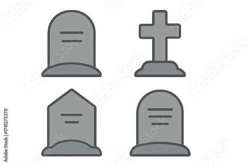 Set of tombstone icons. Grave and headstone symbol collection. Flat vector illustration of gravestones, cross. For cemetery, death, funeral, memorial, rip, and Halloween design.