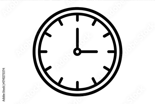 Clock icon vector. Line art time symbol. Simple watch face illustration. Metaphor for deadline, schedule, time management, countdown, appointment. Isolated on white background.
