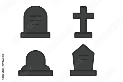 Tombstone icon set. Grave and headstone symbol collection. Flat design vector illustration for cemetery, funeral or Halloween. Death memorial gravestone silhouette pack. RIP.