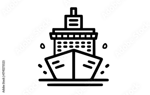 a black and white line drawing of a ship with a large towerboat, cargo ship, cruise ship, flat, icon, illustration, symbol, vessel, web 