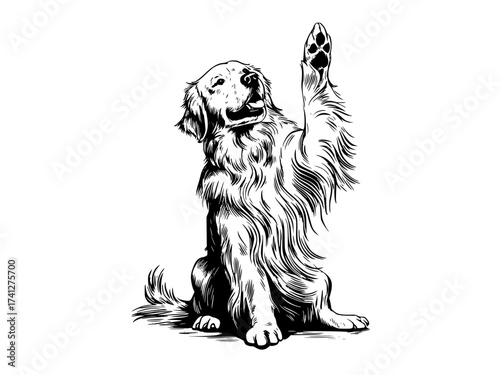a black and white drawing of a dog raising its pawblack, dog, floor, golden retriever, illustration, paw, retriever, white 