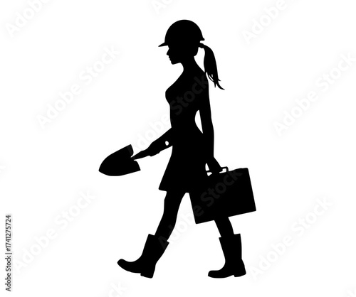a silhouette of a woman walking with a tool bag and a trowelbag, baseball hat, black, boot, briefcase, carry, catch, gardener, girl, profile, shopping bag, shovel, tool, walk, watering can, woman 
