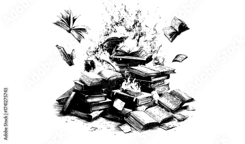 a black and white illustration of a pile of books with flames and flying booksart, book, explosion, fall, fire, fly, illustration, open, stack 