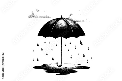 a black and white drawing of an umbrella with rain falling from itblack, cloud, cloudy, drawing, floor, illustration, ink, open, puddle, rain, sky, umbrella 
