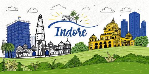 Indore Skyline Illustration: Ultra-Detailed Sketch for Tourism Promotion Featuring Cultural Landmarks