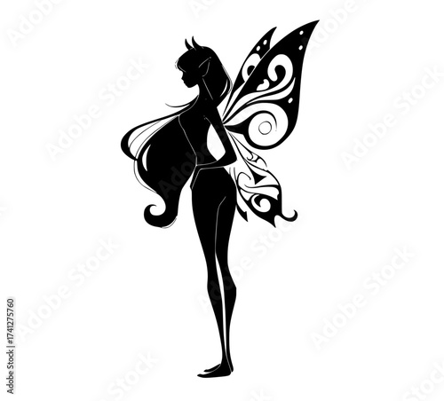 a silhouette of a fairy with large butterfly wingsbeautiful, black, butterfly, fairy, girl, illustration, profile, wing, woman 