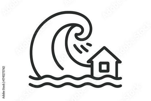 Tsunami wave over house icon. Natural disaster, flood concept. Home insurance symbol. Climate change metaphor. Property damage vector illustration. Sea storm catastrophe.