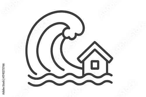 Tsunami wave over house icon. Natural disaster, flood concept. Climate change and home insurance risk symbol. Vector illustration for property damage, warning and emergency.