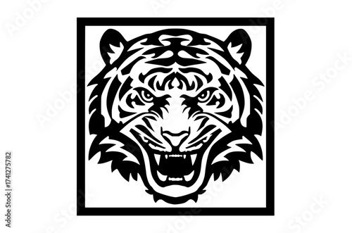a stylized tiger head in a square frameanimal, bengal tiger, black, head, image, logo, open, tiger, white 