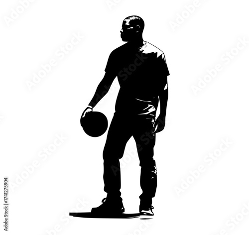 a silhouette of a man holding a basketball, standing in profileball, black, catch, hand, man, profile, skateboarder, stand 