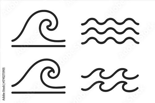 Wave icon set, linear water symbols, ocean wave vector illustrations, minimalist black line art, transparent background, sea and water design elements, fluid motion symbols