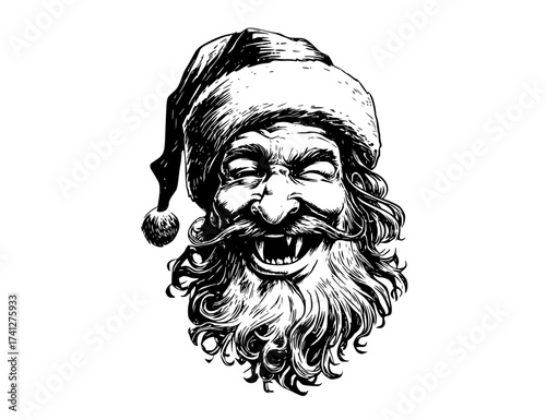 a hand-drawn illustration of a smiling santa claus with a long beard and a santa hatbeard, beret, black, hat, illustration, man, wear 