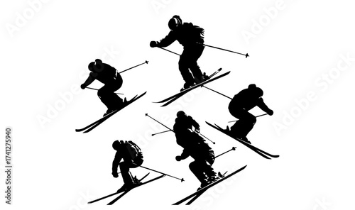 a group of silhouettes of skiers performing a jump in a seriesjump, man, person, profile, ski, skier, snowboarder, trick 