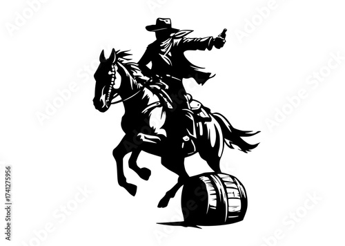 a cowboy riding a horse with a barrelbarrel, black, cowboy, cowboy hat, gun, horse, horseback, illustration, lasso, man, profile, ride, rodeo, sun hat 