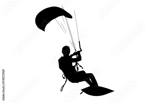 a silhouette of a person kiteboarding with a parachuteattach, black, man, parachute, parasail, person, profile, sky, string 