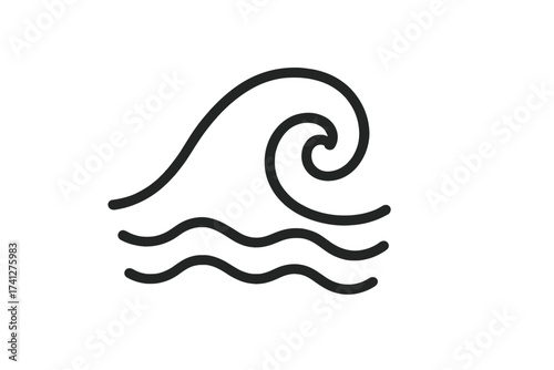 Wave symbol vector. Linear style water icon with swirling crest and wavy lines. Minimalist sea wave illustration. Ocean water element, fluid motion, marine design, simple black line art.